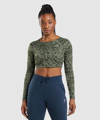 Przycięte Topy Damskie Gymshark Treningowe Long Sleeve Zielone | PL 2666PJJ